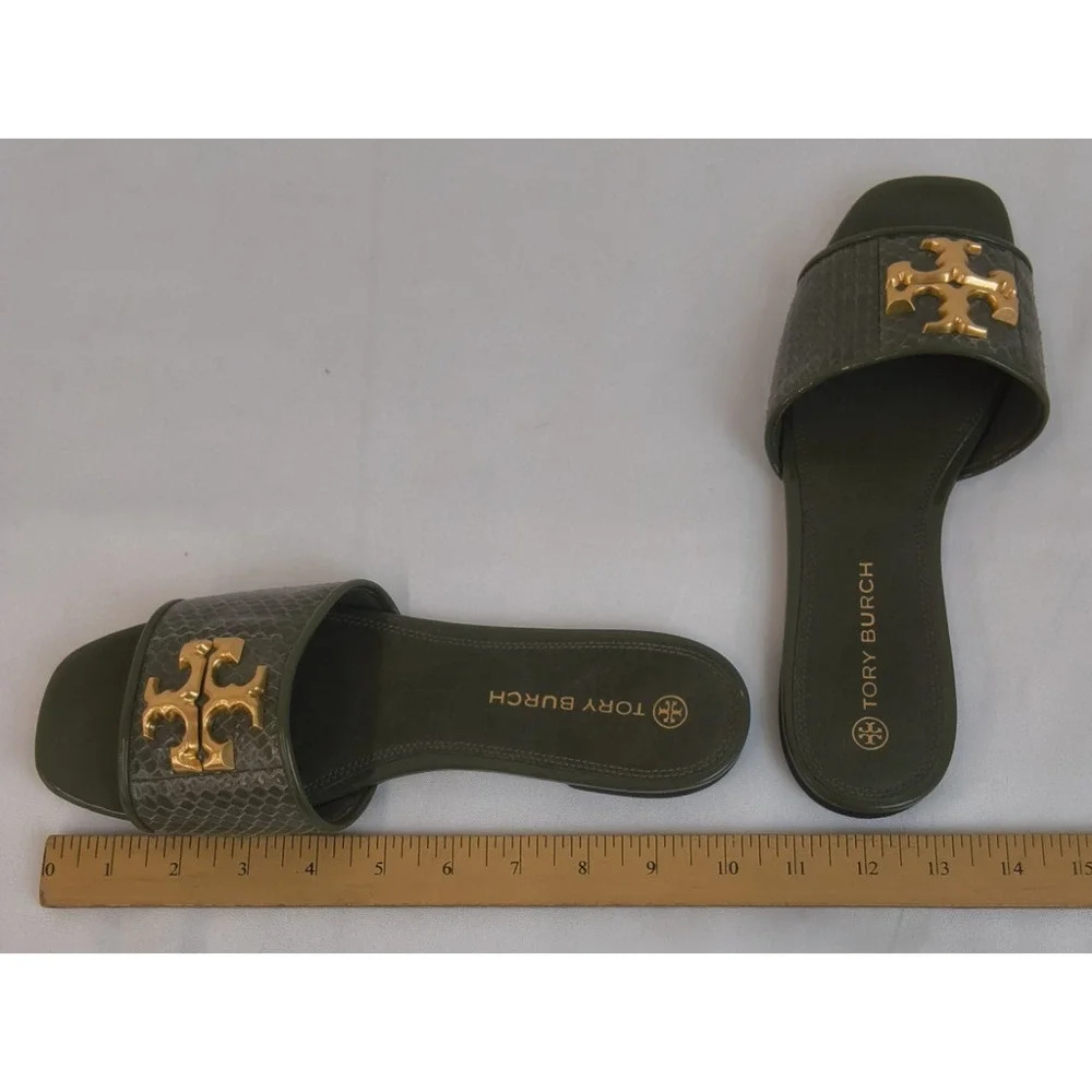 Tory Burch Eleanor Size 9.5M Stamped Snake Leather Green Gold Logo Flats #W5191